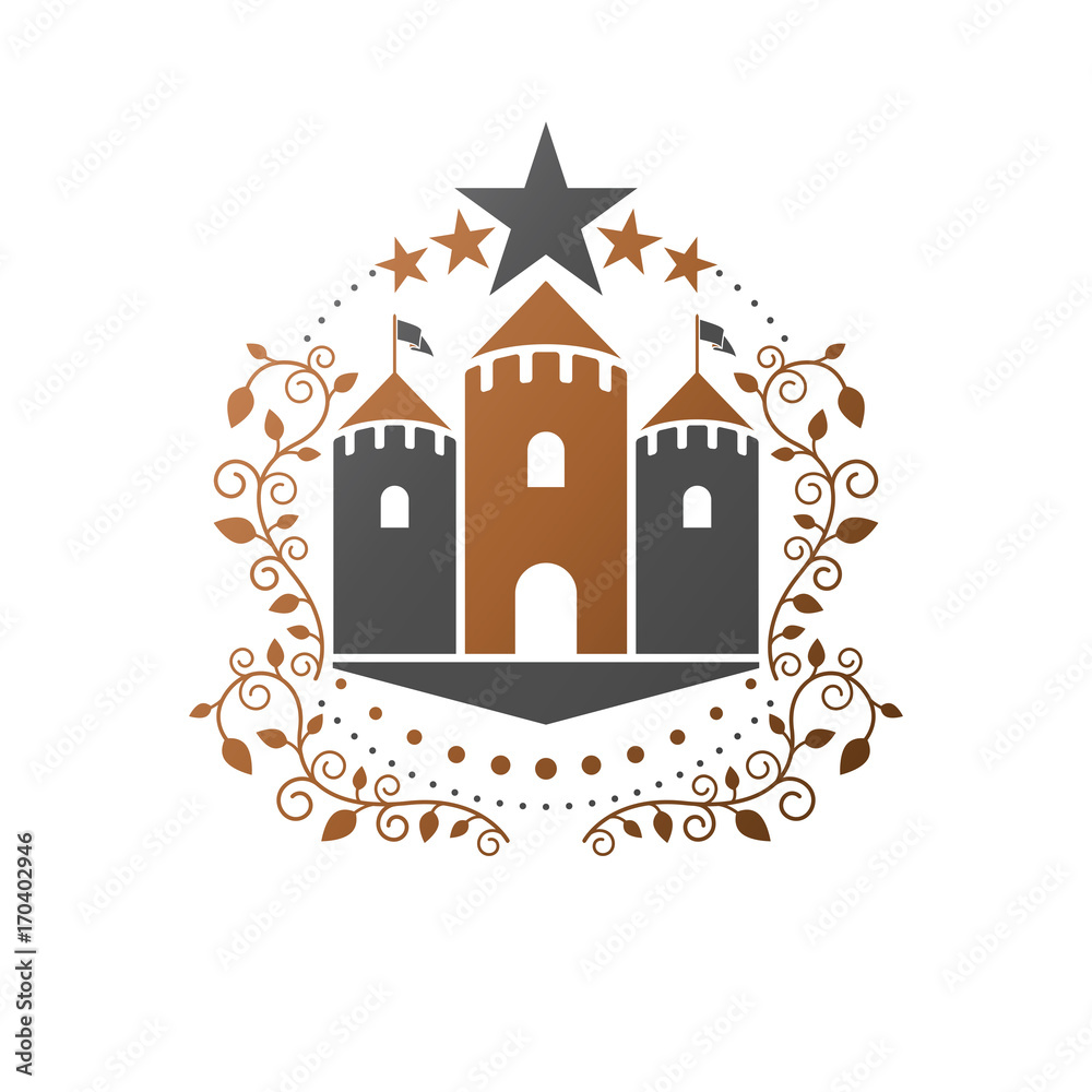 Ancient Fort emblem. Heraldic Coat of Arms decorative logo isolated vector illustration. Antique logotype in old style on white background.