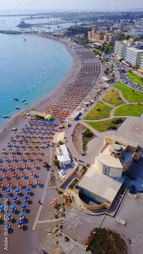 August 2017: Aerial drone photo of Rodos town peninsula with famous resorts and turquoise clear waters, Rhodes island, Aegean, Dodecanese, Greece