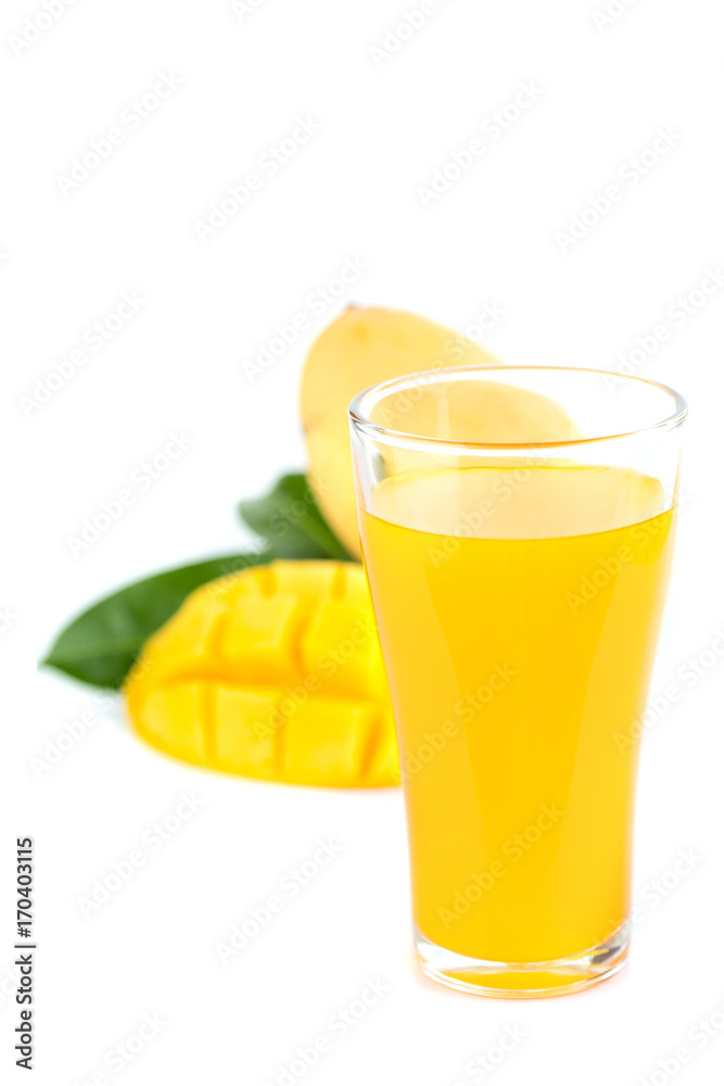 Glass of Mango juice with mangos slice fruit isolated