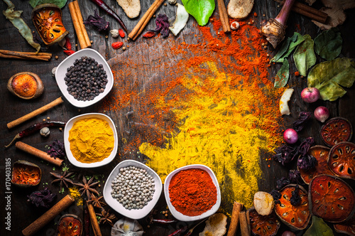 Selection of spices herbs and ingredients for cooking, Food background on wooden table, Top view, Thai cuisine.