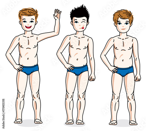 Young teen boys cute children group standing in blue underwear. Vector set of beautiful kids illustrations. Childhood and family lifestyle cartoons.