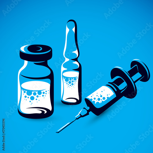Vector graphic illustration of vial, ampoule with medicine and medical syringe for injections. Scheduled vaccination theme.