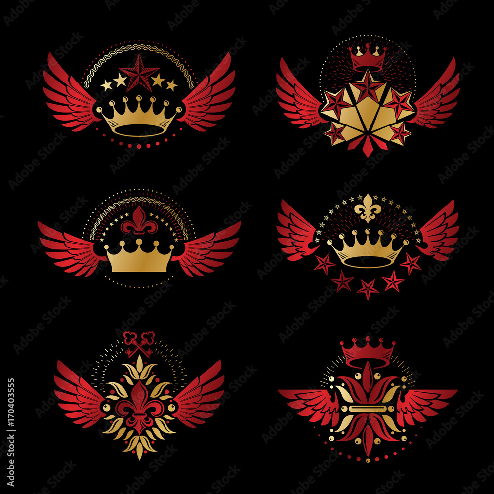 Imperial Crowns and Vintage Stars emblems set. Heraldic Coat of Arms, vintage vector logos collection.
