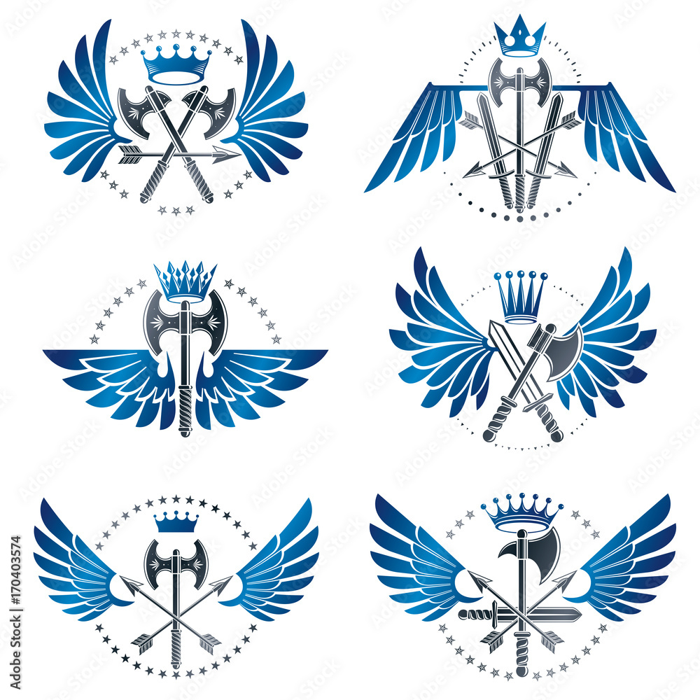 Fototapeta premium Vintage Weapon Emblems set. Heraldic Coat of Arms decorative emblems isolated vector illustrations collection.