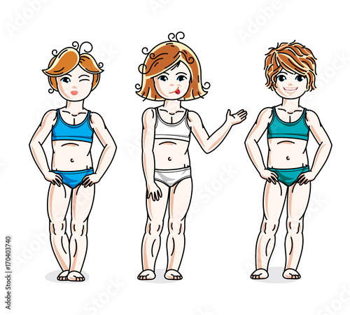Cute happy little girls posing in colorful bikini. Vector kids illustrations set. Childhood and family lifestyle clip art.