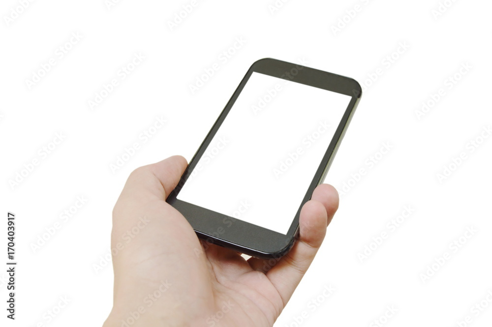 smart phone holding on human hand in white background smart phone holding on human hand in white background