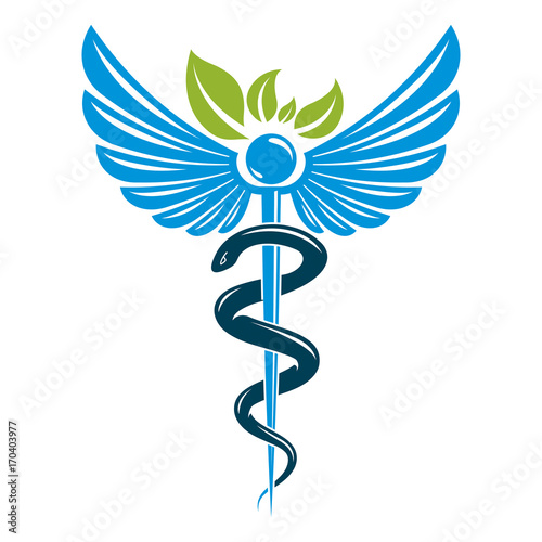 Caduceus symbol composed with poisonous snakes and bird wings, healthcare conceptual vector illustration. Alternative medicine theme.