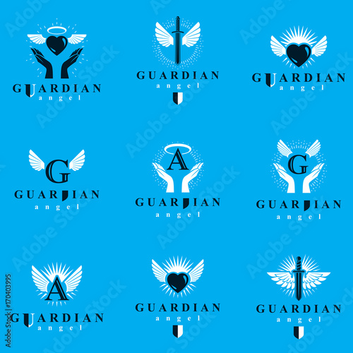 Holy spirit graphic vector logotypes collection, can be used in charity and catechesis organizations. Vector emblems created using battle swords, loving hearts and guardian shields.