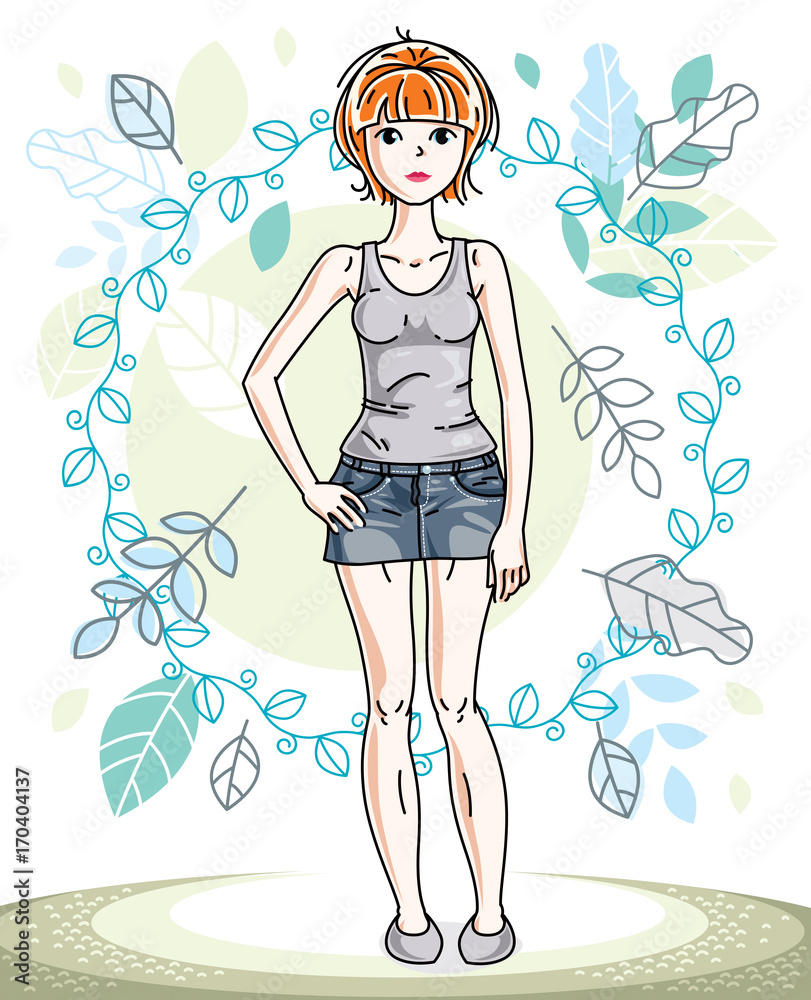 Happy young red-haired woman posing on background of spring landscape and wearing casual clothes. Vector attractive female illustration. Springtime fashion and lifestyle theme cartoon. Happy young red-haired woman posing on background of spring landscape and wearing casual clothes. Vector attractive female illustration. Springtime fashion and lifestyle theme cartoon.