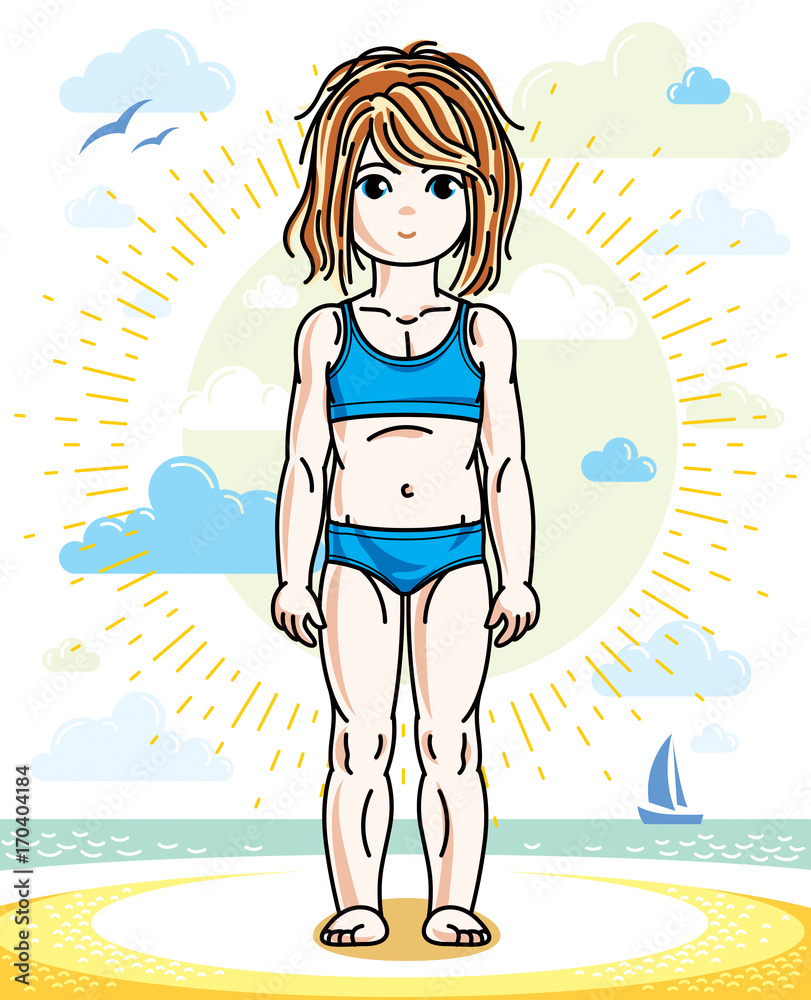 Little red-haired girl cute kid standing on beach in bikini. Vector attractive kid illustration.