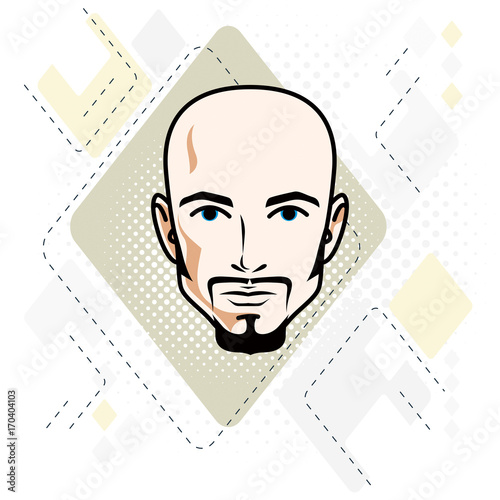 Vector illustration of handsome hairless male face with mustache and beard, positive face features, clipart.