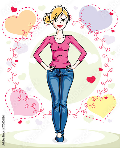 Young beautiful blonde woman adult standing on colorful background with Valentine hearts in modern casual clothes. Vector nice lady illustration.