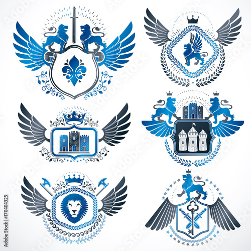 Vector classy heraldic Coat of Arms. Collection of blazons stylized in vintage design and created with graphic elements, royal crowns and flags, stars, towers, armory, religious crosses.