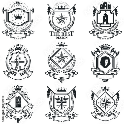 Heraldic Coat of Arms  vintage vector emblems. Classy high quality symbolic illustrations collection  vector set.