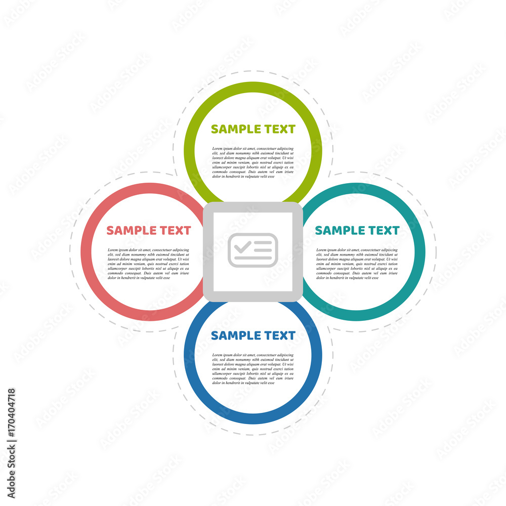 Circle infographic template with 4 steps. Colorful  rounds with sample text. For presentation and design concept. Vector illustration.