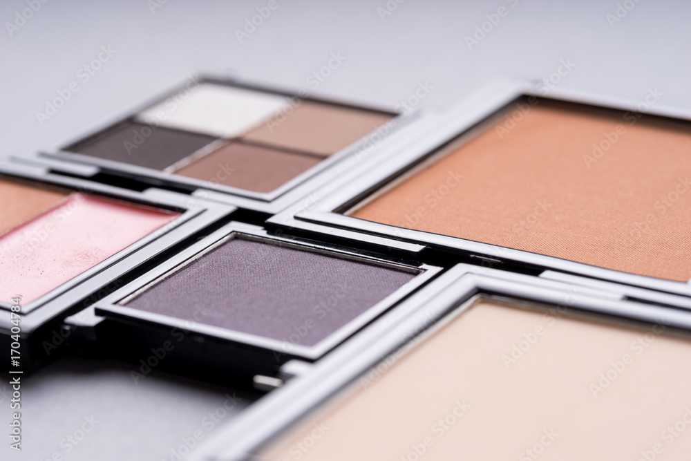 Set of Makeup cosmetics products with bag on top view Set of Makeup cosmetics products with bag on top view