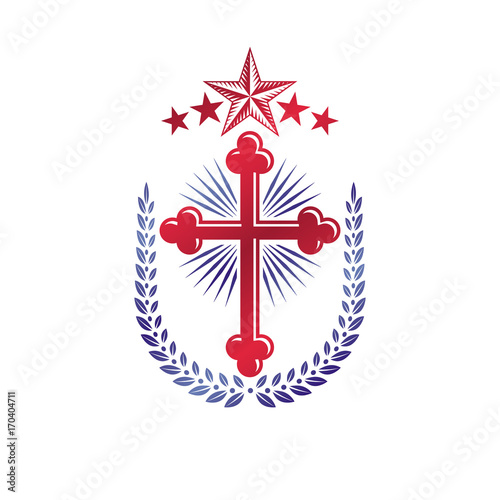 Cross Religious vintage emblem created using pentagonal star and floral ornament, Christian crucifixion. Heraldic Coat of Arms, Glory of God vector logo.
