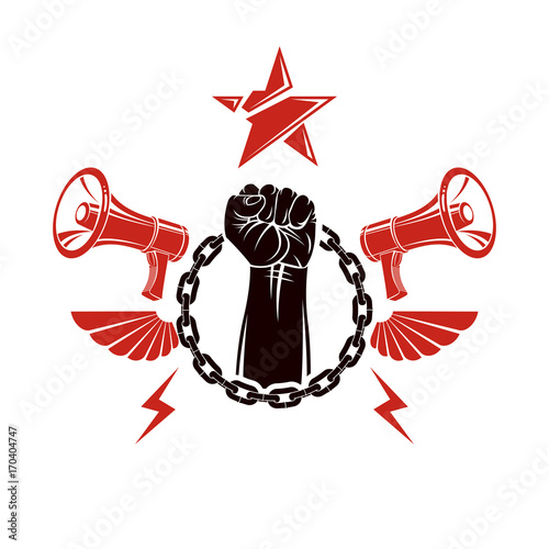 Vector flyer template created using clenched fists raised up, loudhailer equipment and iron chain element. Freedom for the personality, misleading and brainwashing propaganda information.