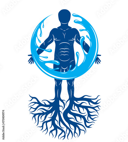 Vector graphic illustration of muscular human, individual created with tree roots and surrounded by a water ball. Body cleansing idea, alternative medicine theme picture.