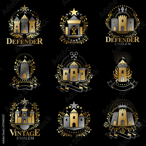 Ancient Forts emblems set. Heraldic Coat of Arms decorative logos isolated vector illustrations collection.