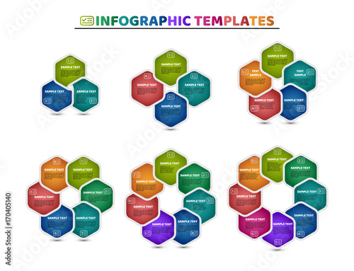 Set of circle infographic templates with 3, 4, 5, 6, 7, 8 steps. Colorful hexagons with sample text. For presentation and design concept. Vector illustration.