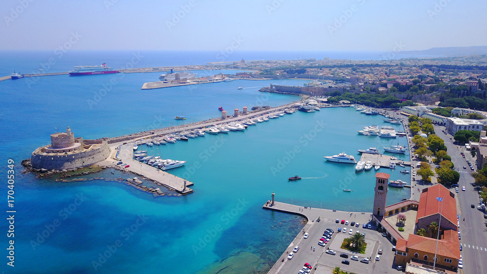 August 2017: Aerial drone photo of iconic port entrance where colossal Colosus of Rhodes statue has been, Rodos island, Aegean, Dodecanese, Greece