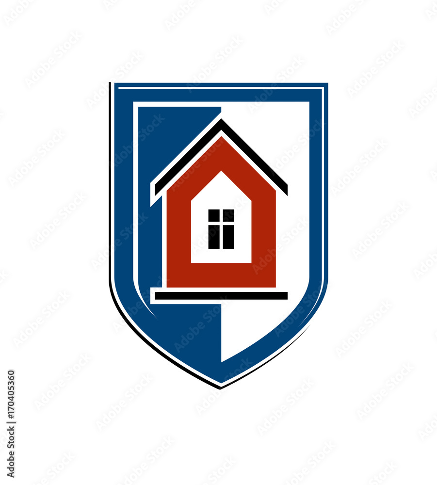 Safety idea, abstract heraldic symbol with vector classic house. Real estate brand design element, conceptual coat of arms.