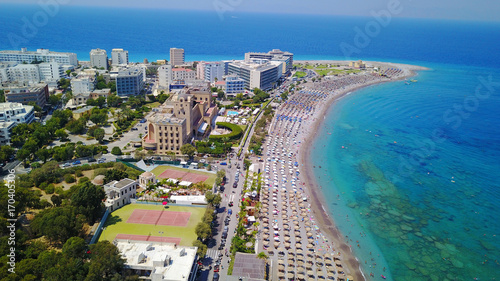 August 2017: Aerial drone photo of famous Elli beach with lots of luxurious hotels and resorts, Rodos island, Aegean, Dodecanese, Greece