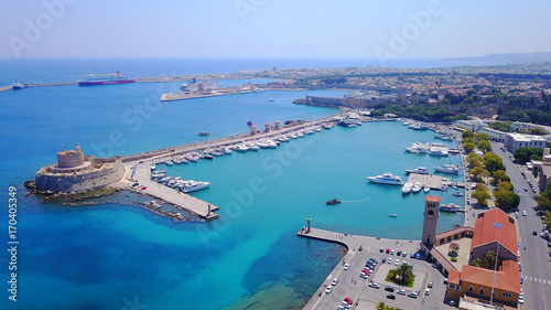 August 2017: Aerial drone photo of iconic port entrance where colossal Colosus of Rhodes statue has been, Rodos island, Aegean, Dodecanese, Greece