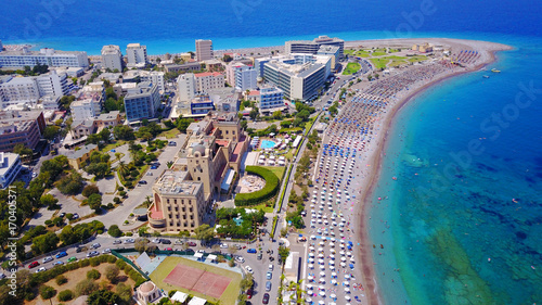 August 2017: Aerial drone photo of famous Elli beach with lots of luxurious hotels and resorts, Rodos island, Aegean, Dodecanese, Greece