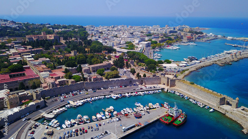 August 2017: Aerial drone photo of iconic medieval fortified old town of Rodos island, Aegean, Dodecanese, Greece