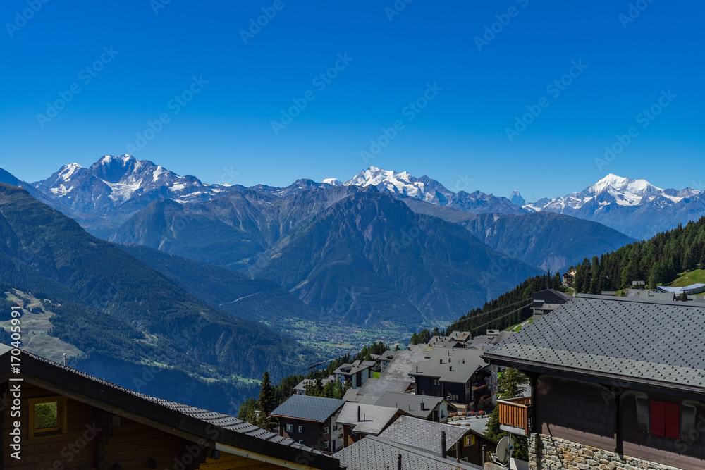 A glimpse of Swiss Valais from Bettmeralp rooftops, Swiss Alps, Switzerland