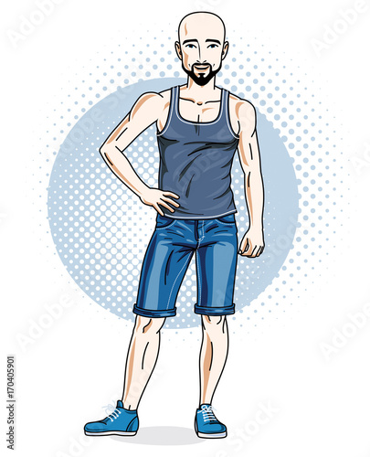 Confident athletic handsome hairless young man standing, hipster. Vector illustration of male with bead and whiskers wearing casual clothes, jeans shorts and singlet.