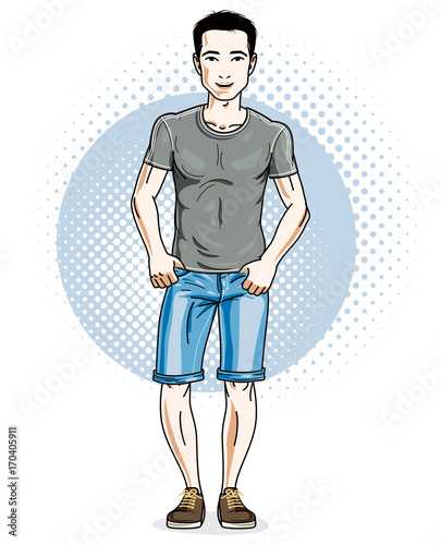 Handsome brunet young man poses on modern background with hexagons. Vector illustration of male. Lifestyle theme clipart.