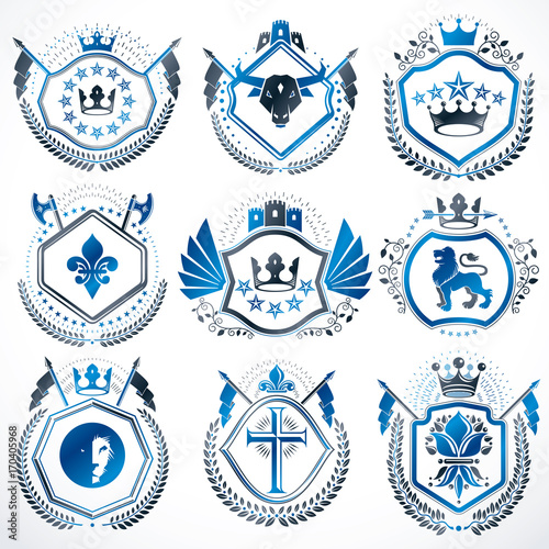 Set of vector vintage elements, heraldry labels stylized in retro design. Symbolic illustrations collection composed with medieval strongholds, monarch crowns, crosses and armory.