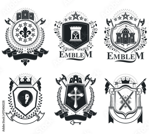 Old style heraldry, heraldic emblems, vector illustrations. Coat of Arms collection, vector set.