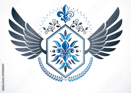 Luxury heraldic vector emblem template. Winged vector blazon decorated using lily flower, pentagonal stars and laurel wreath