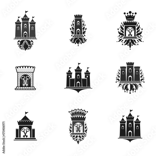Ancient Fortresses emblems set. Heraldic Coat of Arms, vintage vector logos collection.
