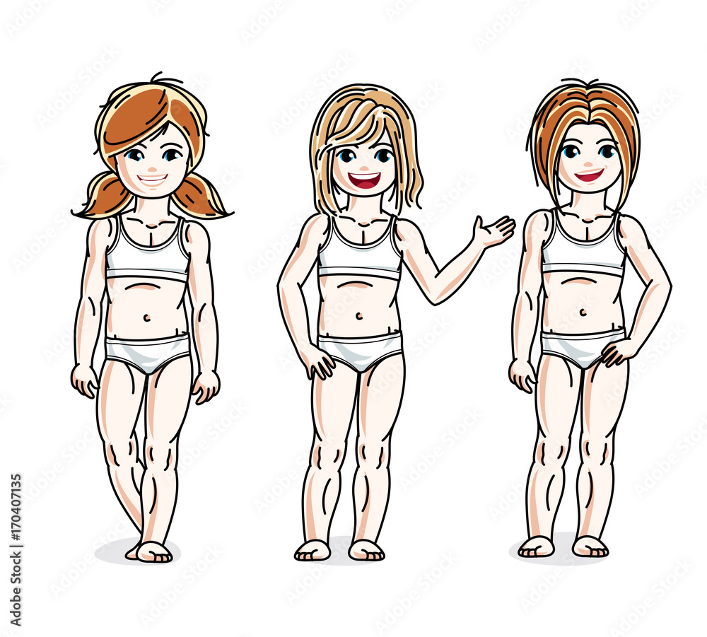 Cute little girls standing in white underwear. Vector diversity kids illustrations set. Cute little girls standing in white underwear. Vector diversity kids illustrations set.