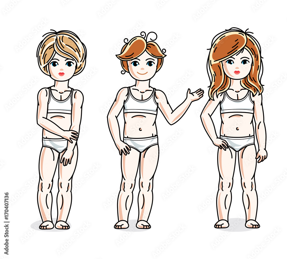 Cute little girls standing in white underwear. Vector diversity kids illustrations set. Childhood and family lifestyle cartoons. Cute little girls standing in white underwear. Vector diversity kids illustrations set. Childhood and family lifestyle cartoons.