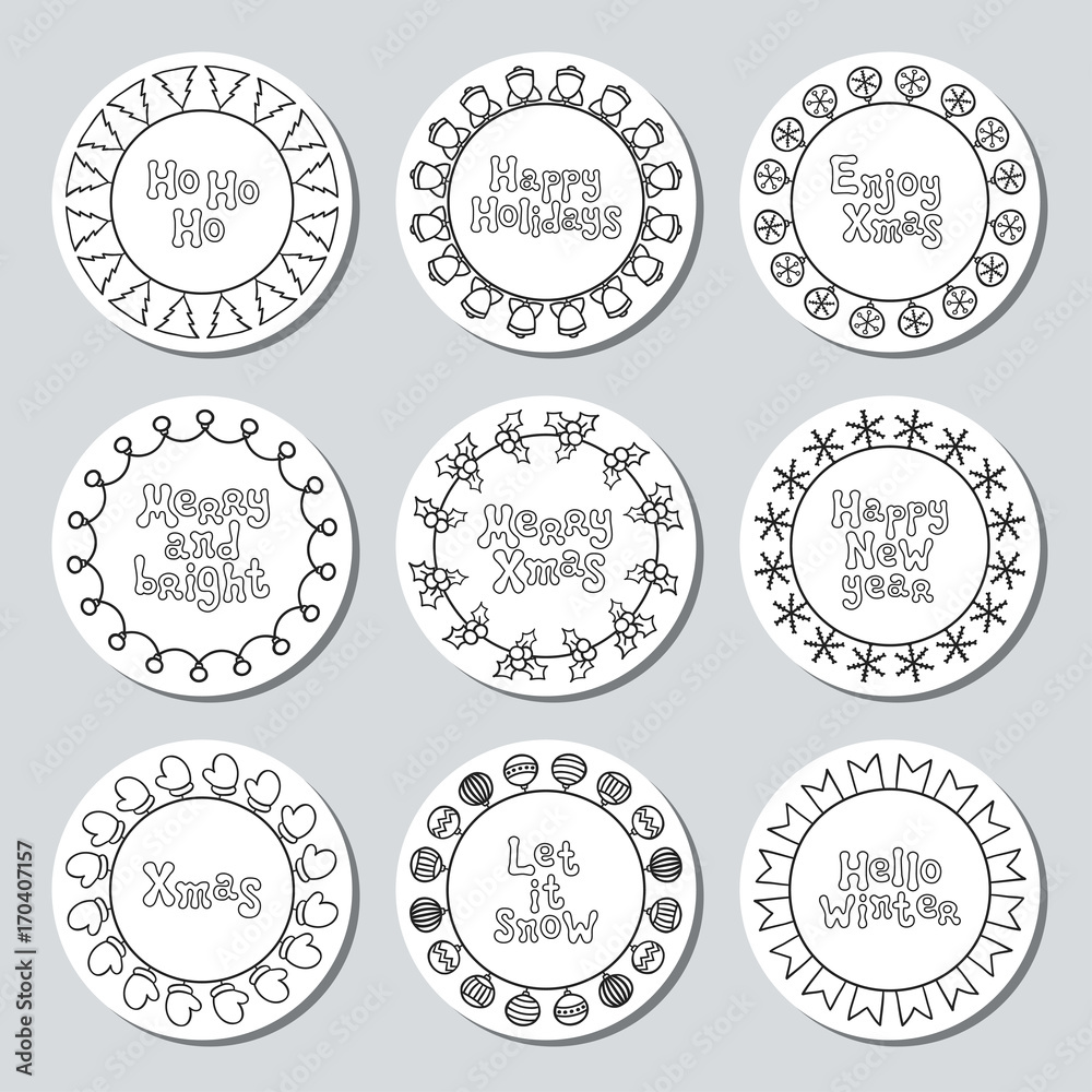 Christmas New Year gift round stickers. Labels and badges xmas set. Hand drawn decorative element. Holiday christmas stickers. Texture. Vector illustration. Lettering, calligraphy. Christmas phrase.
