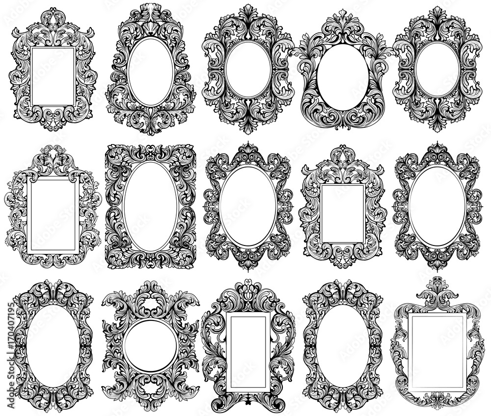 Vintage baroque frame decor set collection. Detailed ornament vector illustration