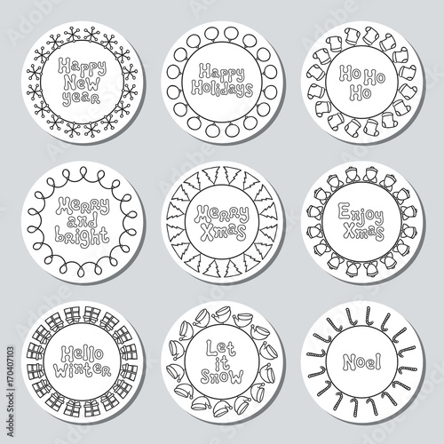 Christmas New Year gift round stickers. Labels and badges xmas set. Hand drawn decorative element. Holiday christmas stickers. Texture. Vector illustration. Lettering, calligraphy. Christmas phrase.