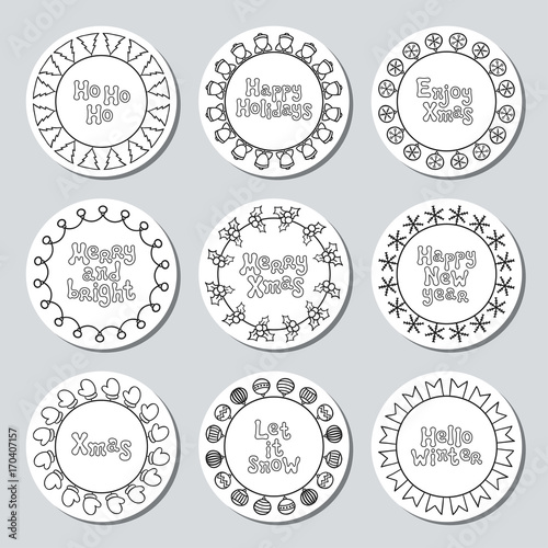 Christmas New Year gift round stickers. Labels and badges xmas set. Hand drawn decorative element. Holiday christmas stickers. Texture. Vector illustration. Lettering, calligraphy. Christmas phrase.