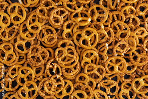 Background of salted pretzel. Top view