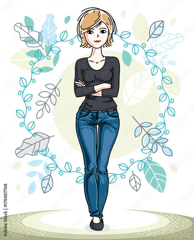 Attractive young blonde woman posing on background of spring landscape with leaves and wearing different casual clothes. Vector nice lady illustration. Springtime theme clipart. Attractive young blonde woman posing on background of spring landscape with leaves and wearing different casual clothes. Vector nice lady illustration. Springtime theme clipart.
