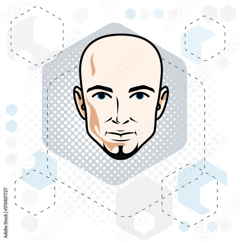 Caucasian man face, vector human head illustration. Attractive hairless male with beard, hipster