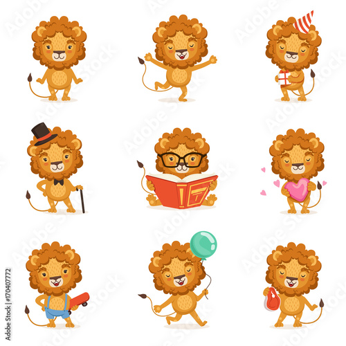 Cute lion character character doing different activities colorful vector Illustrations