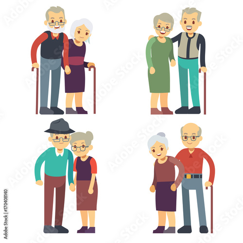 Smiling and happy old couples. Elderly families cartoon characters vector set