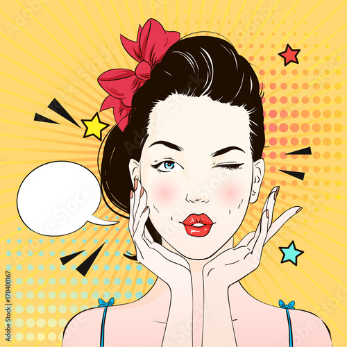 Pop art surprised woman face with kiss mouth. Comic woman with speech bubble. Vector illustration.